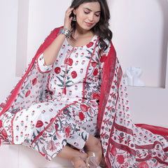 Red Floral Printed Cotton Straight Kurta Pant Set with Printed Dupatta