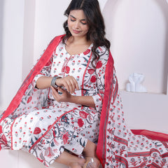 Red Floral Printed Cotton Straight Kurta Pant Set with Printed Dupatta