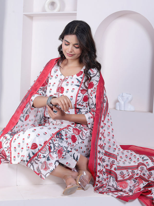 Red Floral Printed Cotton Straight Kurta Pant Set with Printed Dupatta
