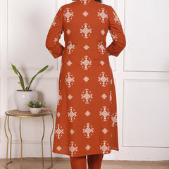 Mustard Yellow Geometric Print Cotton A-Line Kurta Set with Dupatta
