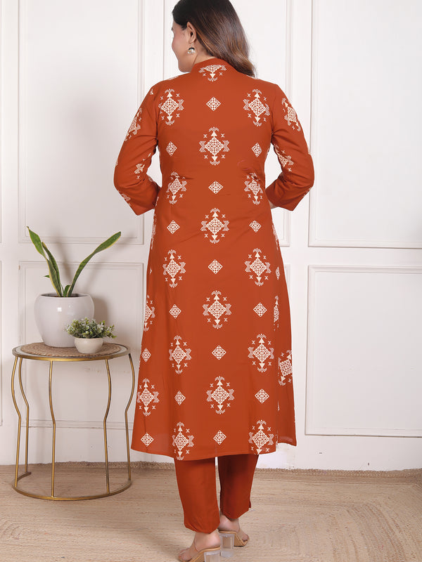 Mustard Yellow Geometric Print Cotton A-Line Kurta Set with Dupatta