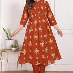 Mustard Yellow Geometric Print Cotton A-Line Kurta Set with Dupatta