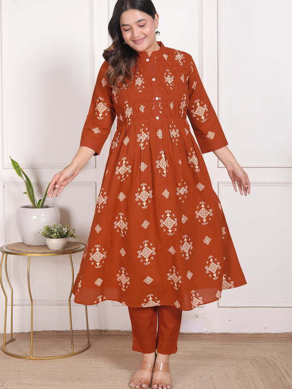 Mustard Yellow Geometric Print Cotton A-Line Kurta Set with Dupatta