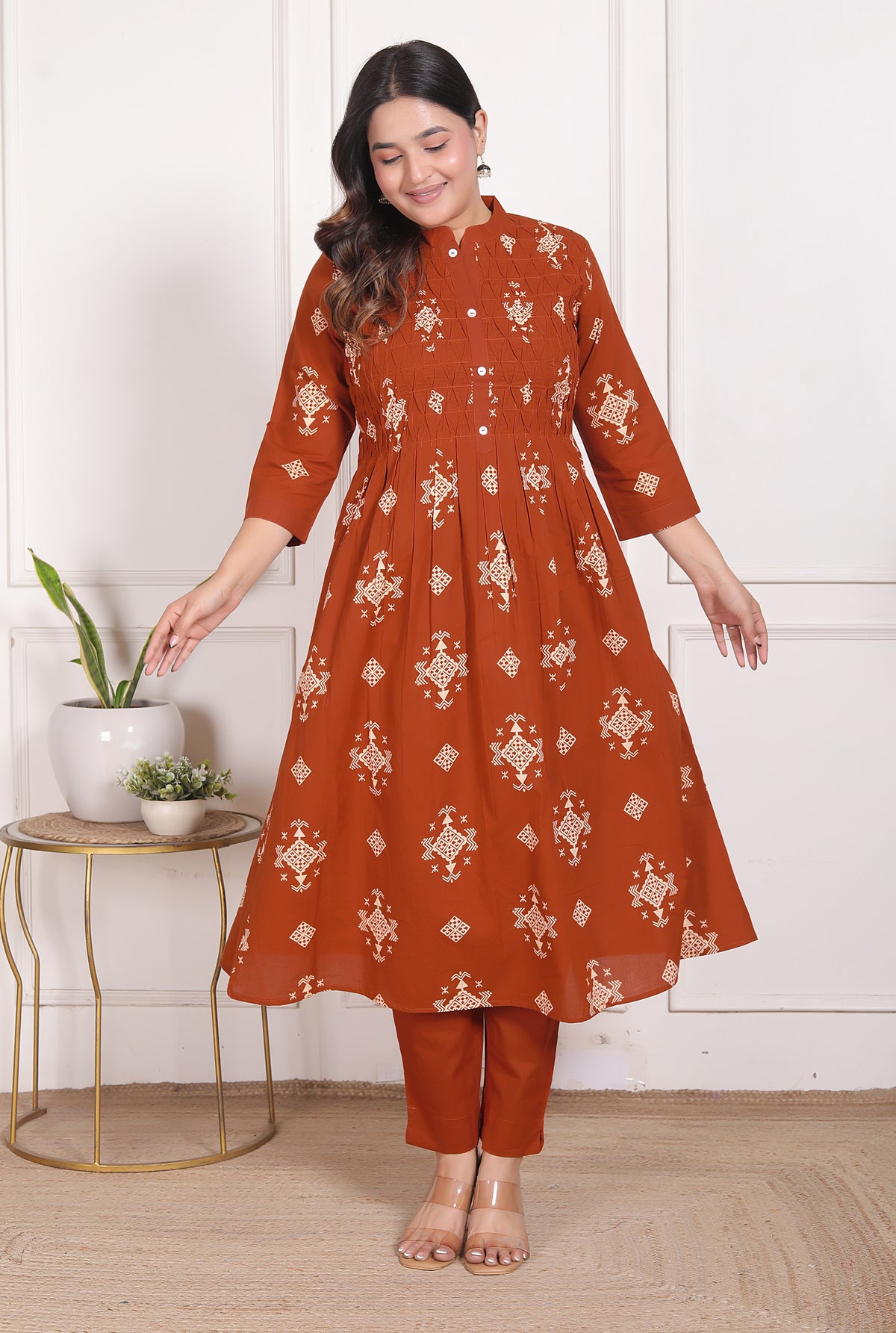 Geometric Print Cotton A-Line Kurta Set with Dupatta