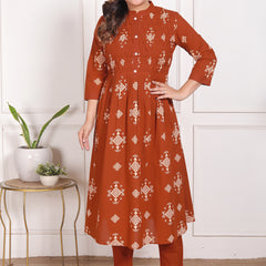Mustard Yellow Geometric Print Cotton A-Line Kurta Set with Dupatta