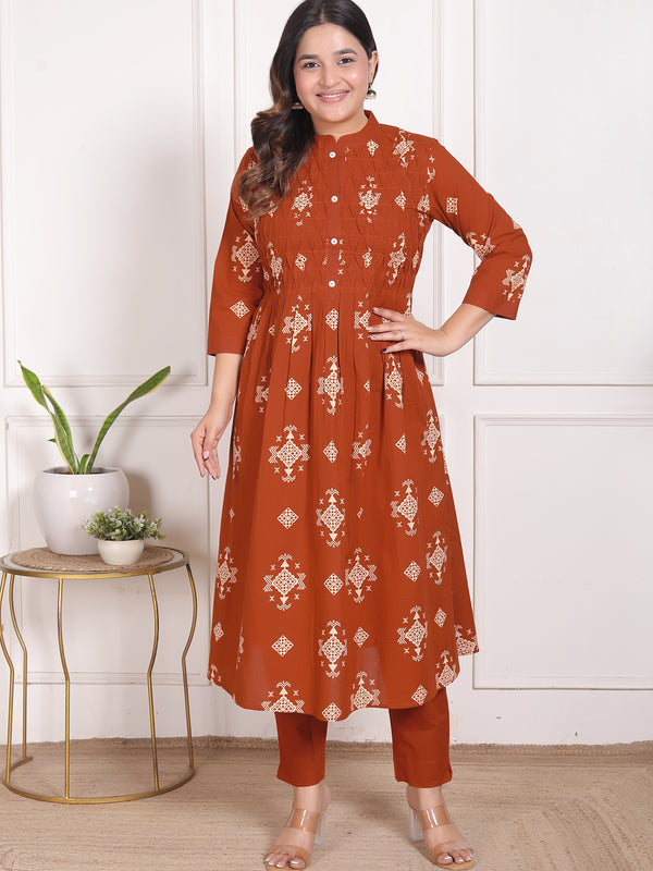 Mustard Yellow Geometric Print Cotton A-Line Kurta Set with Dupatta