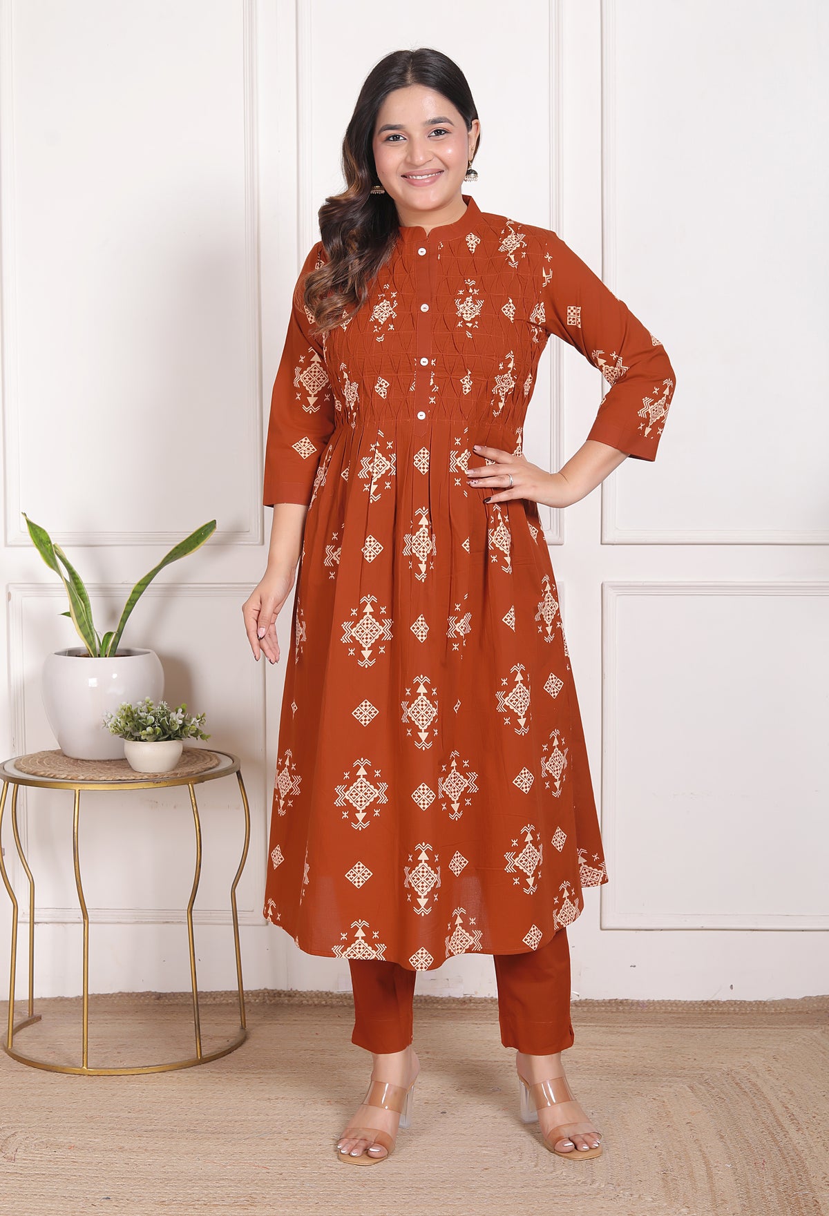 Geometric Print Cotton A-Line Kurta Set with Dupatta