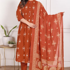 Mustard Yellow Geometric Print Cotton A-Line Kurta Set with Dupatta