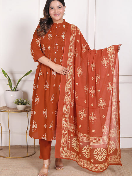 Rust Orange Geometric Print Cotton A-Line Kurta Set with Dupatta