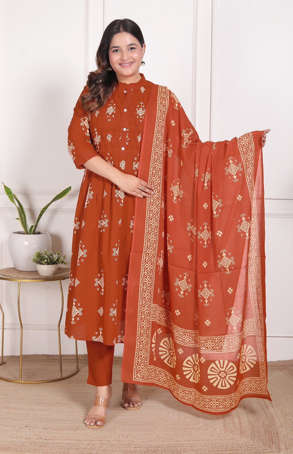 Geometric Print Cotton A-Line Kurta Set with Dupatta