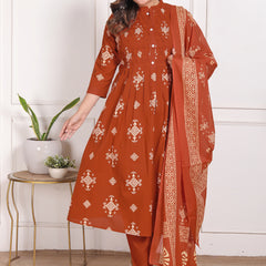 Mustard Yellow Geometric Print Cotton A-Line Kurta Set with Dupatta