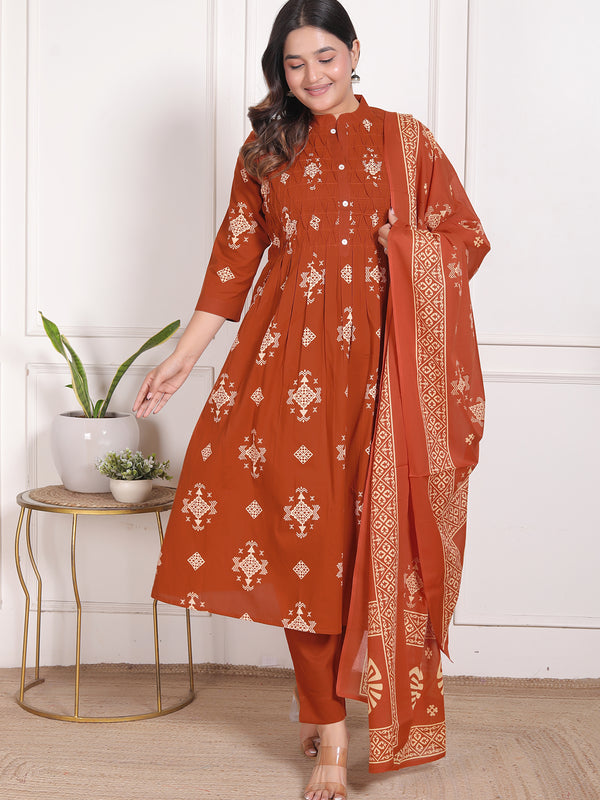Mustard Yellow Geometric Print Cotton A-Line Kurta Set with Dupatta
