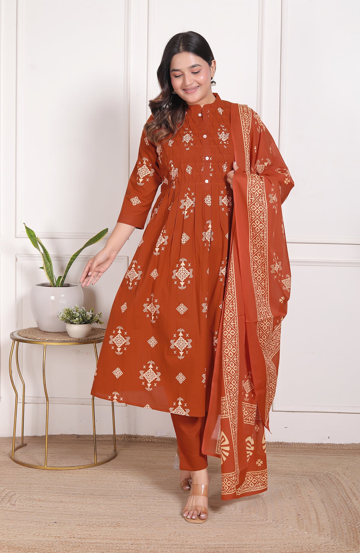 Geometric Print Cotton A-Line Kurta Set with Dupatta