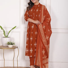 Mustard Yellow Geometric Print Cotton A-Line Kurta Set with Dupatta