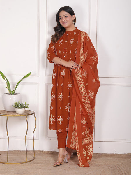 Rust Orange Geometric Print Cotton A-Line Kurta Set with Dupatta