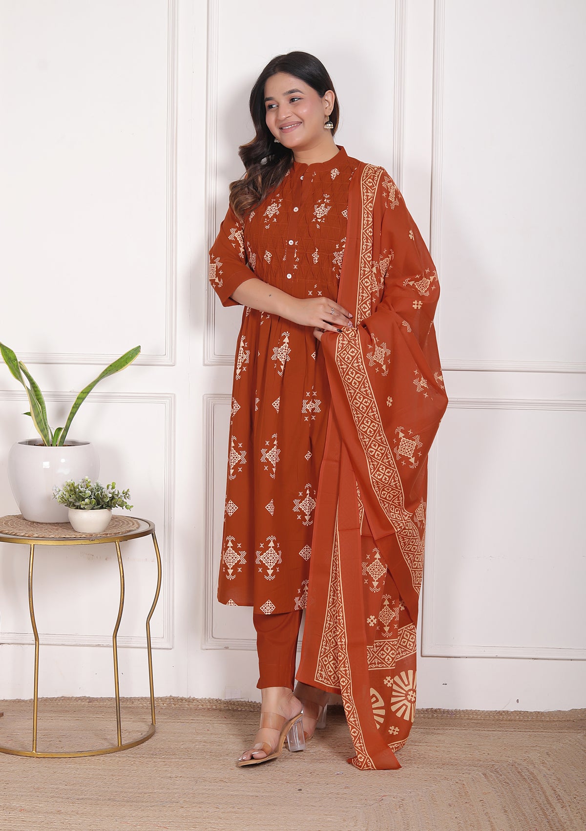 Geometric Print Cotton A-Line Kurta Set with Dupatta