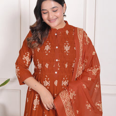 Mustard Yellow Geometric Print Cotton A-Line Kurta Set with Dupatta