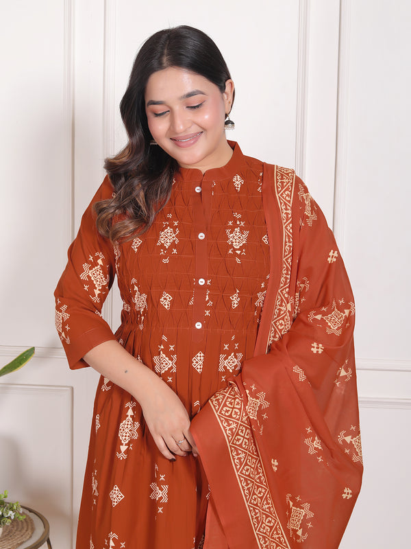 Mustard Yellow Geometric Print Cotton A-Line Kurta Set with Dupatta