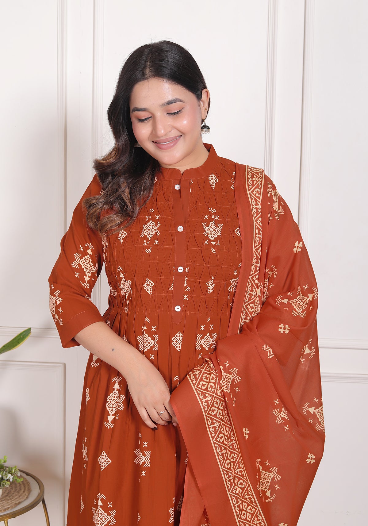 Geometric Print Cotton A-Line Kurta Set with Dupatta