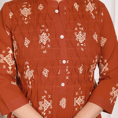 Mustard Yellow Geometric Print Cotton A-Line Kurta Set with Dupatta