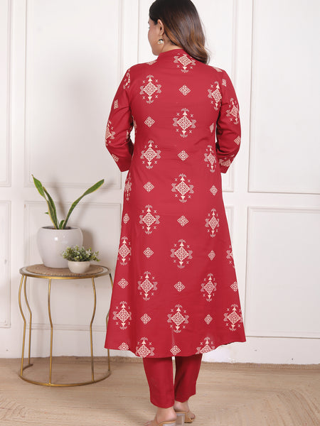 Deep Red Geometric Print Cotton A-Line Kurta Set with Dupatta