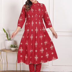 Mustard Yellow Geometric Print Cotton A-Line Kurta Set with Dupatta