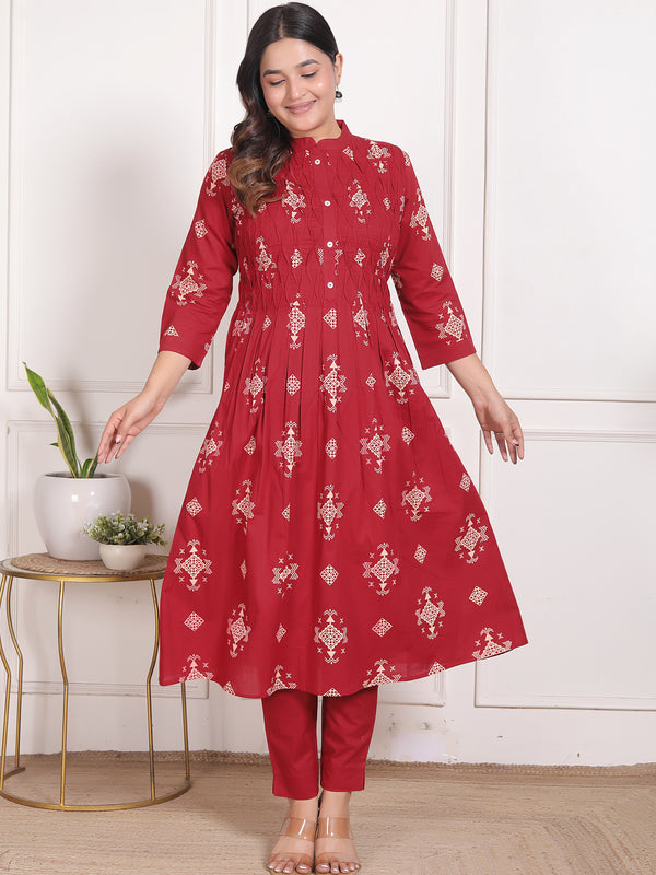 Mustard Yellow Geometric Print Cotton A-Line Kurta Set with Dupatta