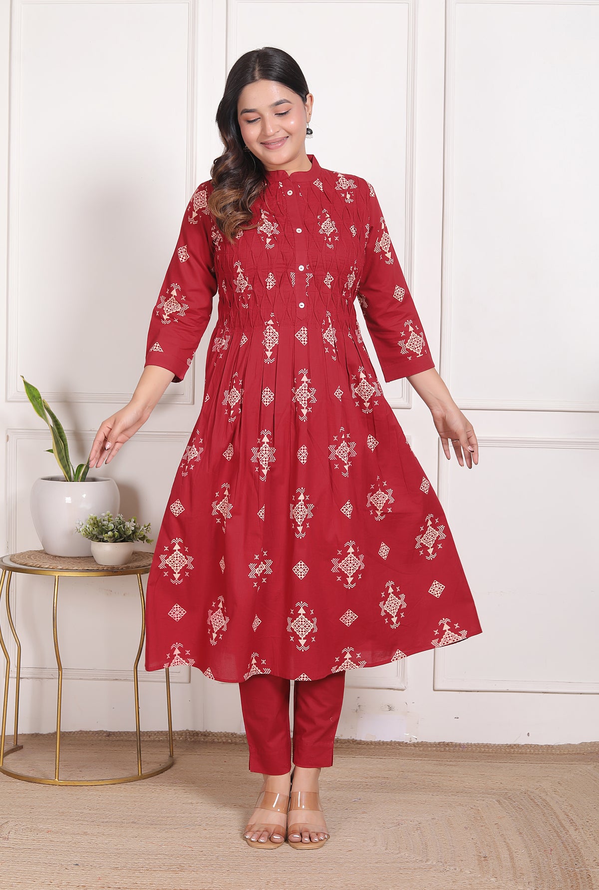 Geometric Print Cotton A-Line Kurta Set with Dupatta