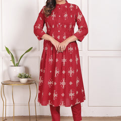 Mustard Yellow Geometric Print Cotton A-Line Kurta Set with Dupatta
