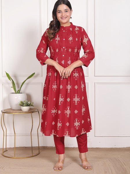 Deep Red Geometric Print Cotton A-Line Kurta Set with Dupatta