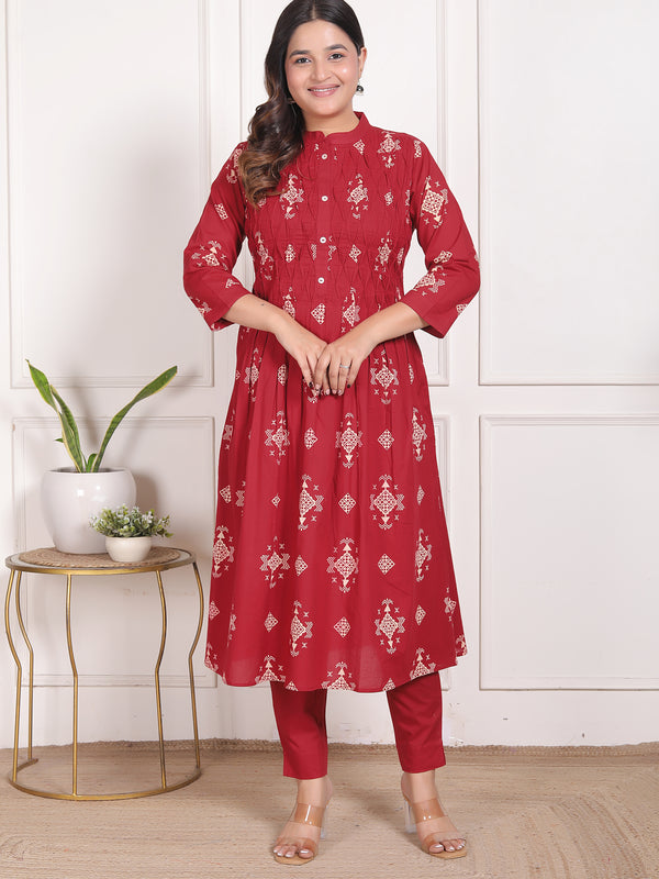 Mustard Yellow Geometric Print Cotton A-Line Kurta Set with Dupatta