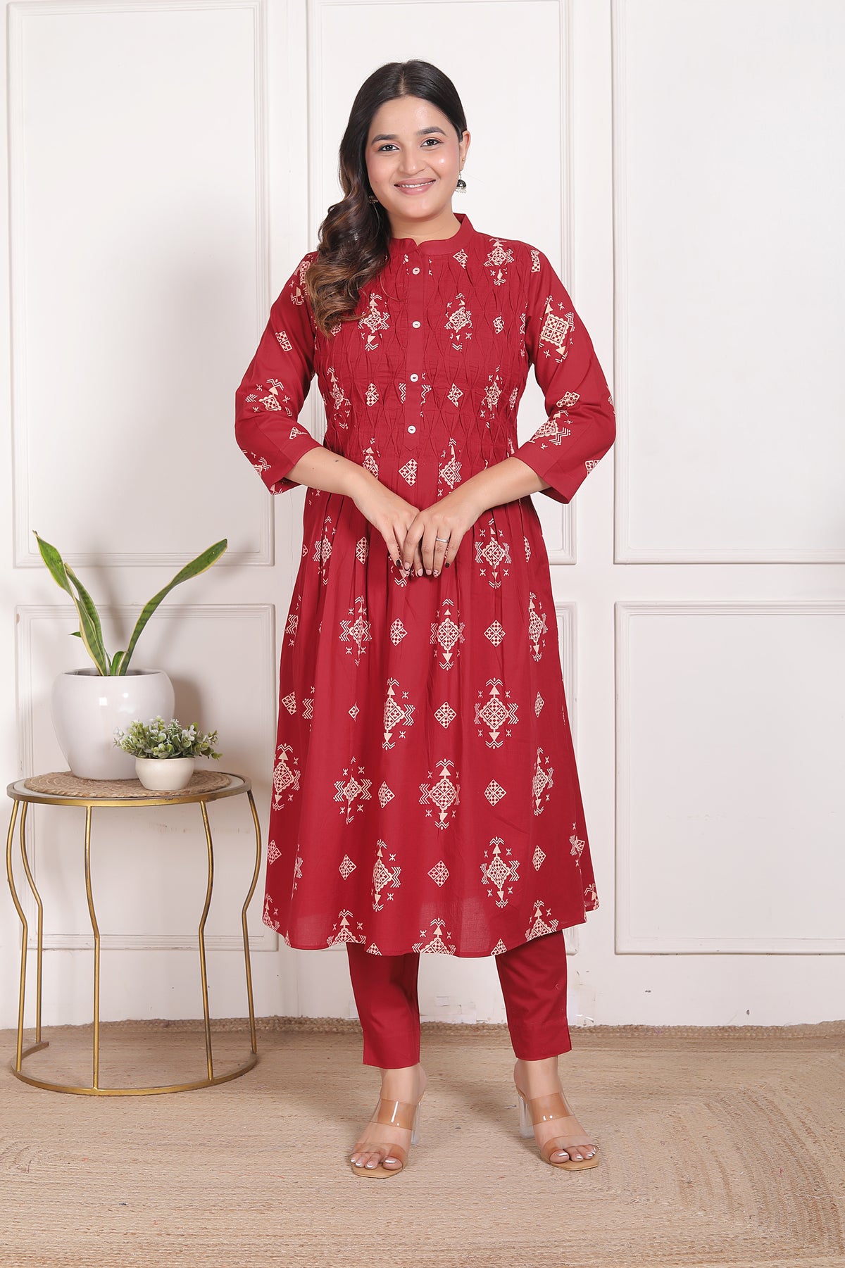 Geometric Print Cotton A-Line Kurta Set with Dupatta