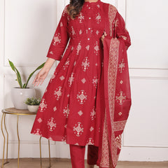 Mustard Yellow Geometric Print Cotton A-Line Kurta Set with Dupatta