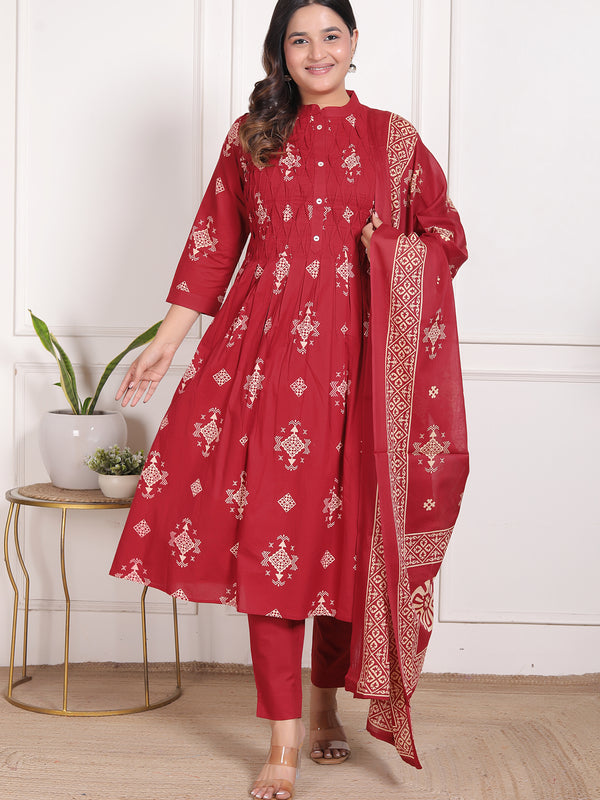 Mustard Yellow Geometric Print Cotton A-Line Kurta Set with Dupatta