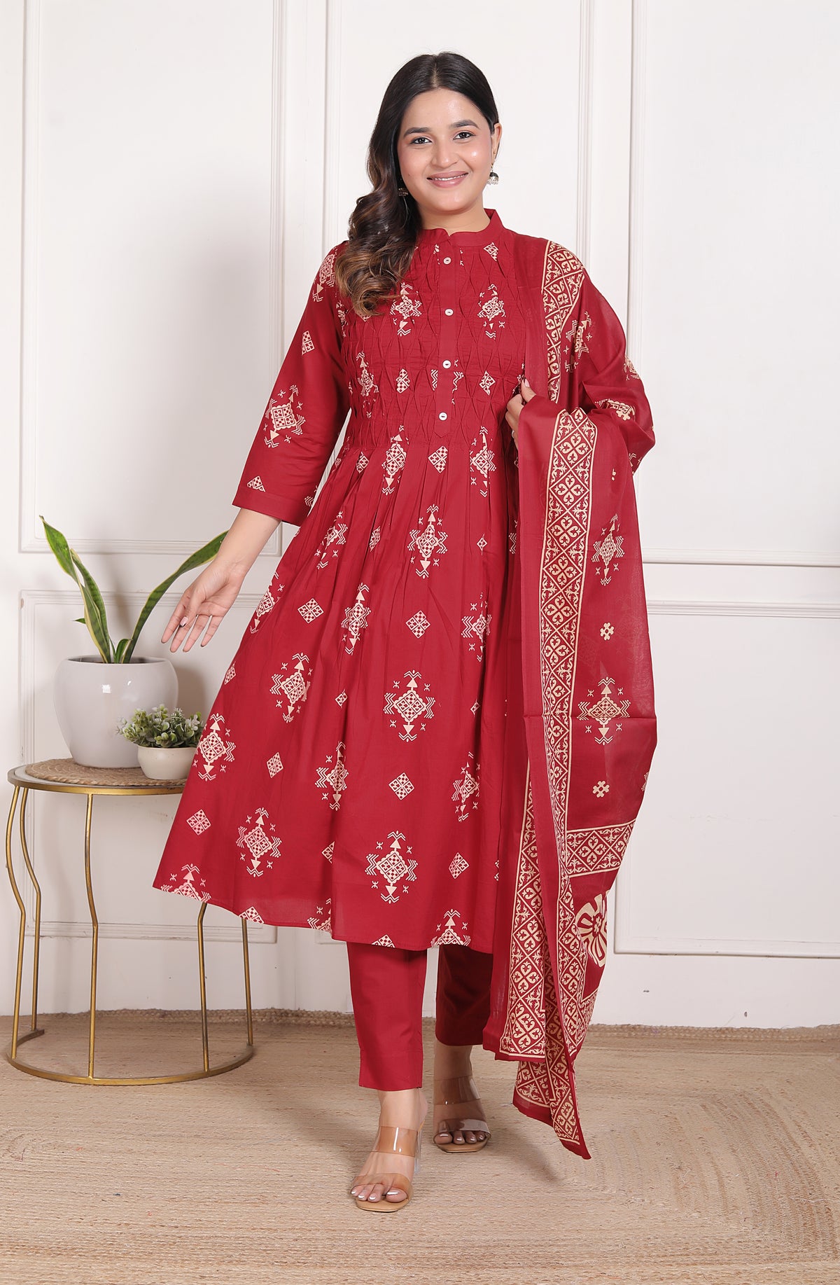 Geometric Print Cotton A-Line Kurta Set with Dupatta
