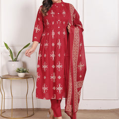Mustard Yellow Geometric Print Cotton A-Line Kurta Set with Dupatta