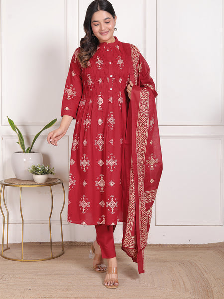 Deep Red Geometric Print Cotton A-Line Kurta Set with Dupatta