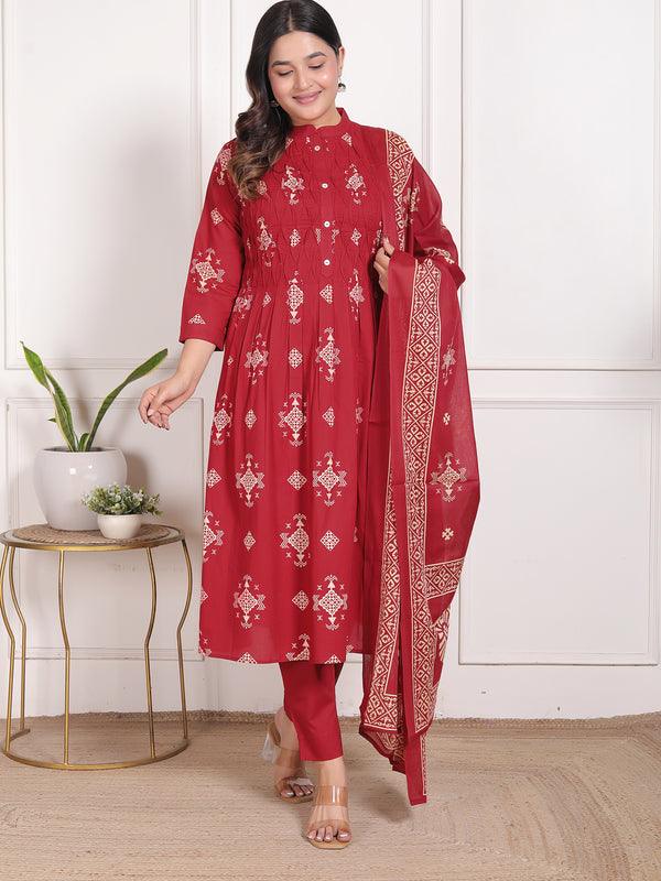 Mustard Yellow Geometric Print Cotton A-Line Kurta Set with Dupatta