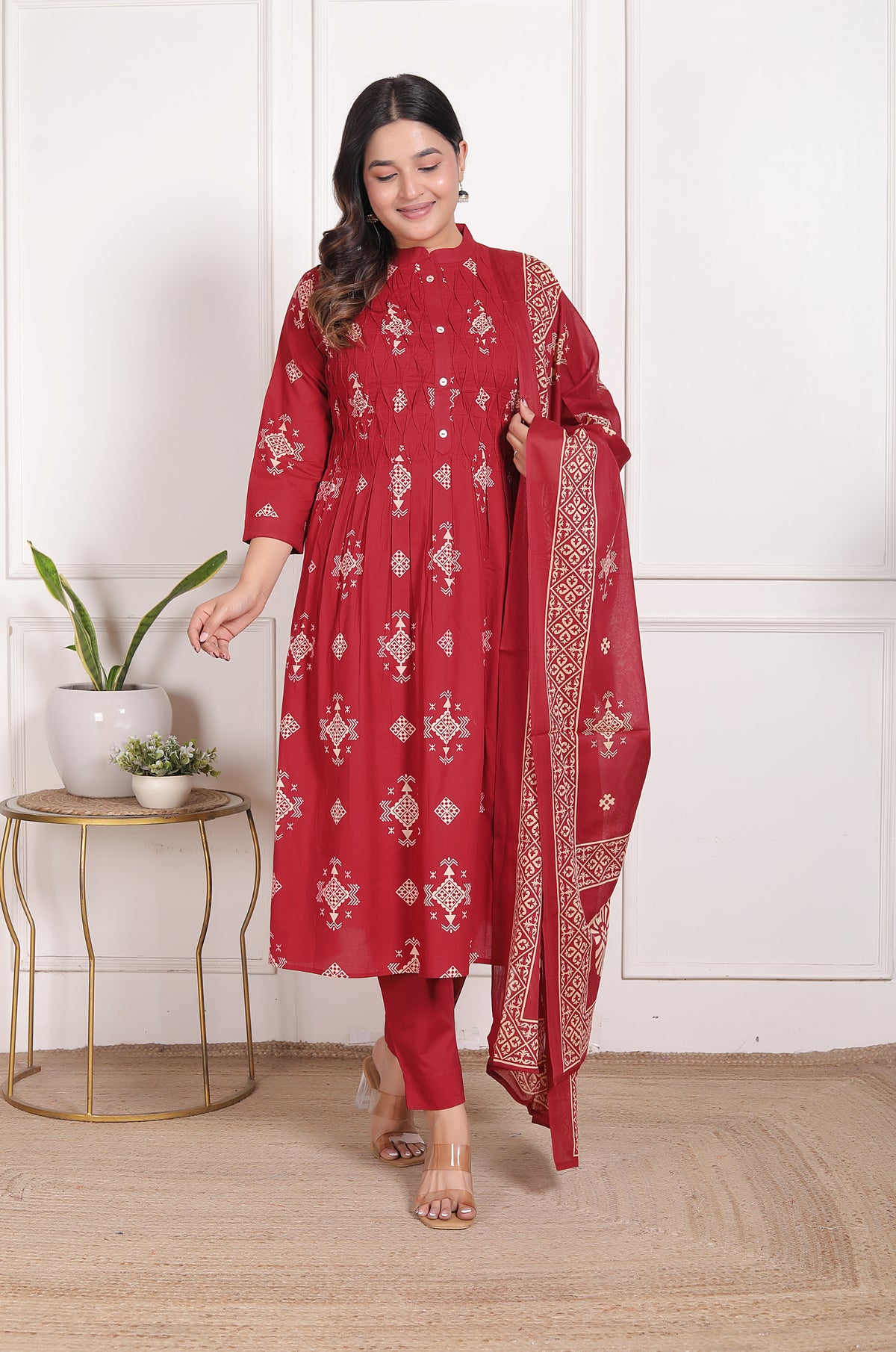 Geometric Print Cotton A-Line Kurta Set with Dupatta
