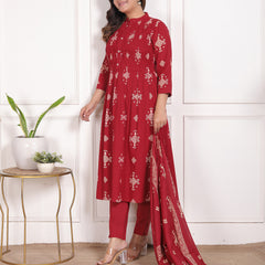 Indigo Blue Geometric Print Cotton A-Line Kurta Set with Dupatta