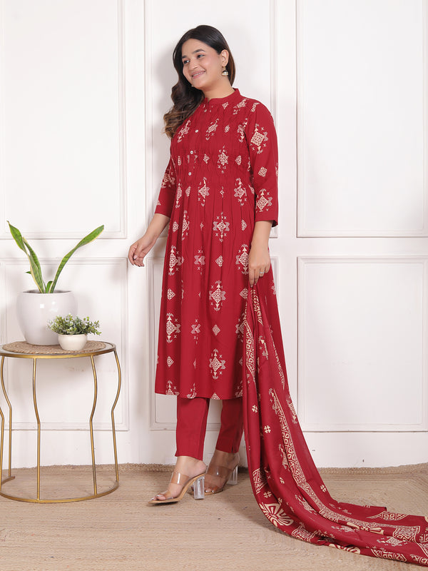 Indigo Blue Geometric Print Cotton A-Line Kurta Set with Dupatta