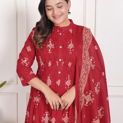 Mustard Yellow Geometric Print Cotton A-Line Kurta Set with Dupatta