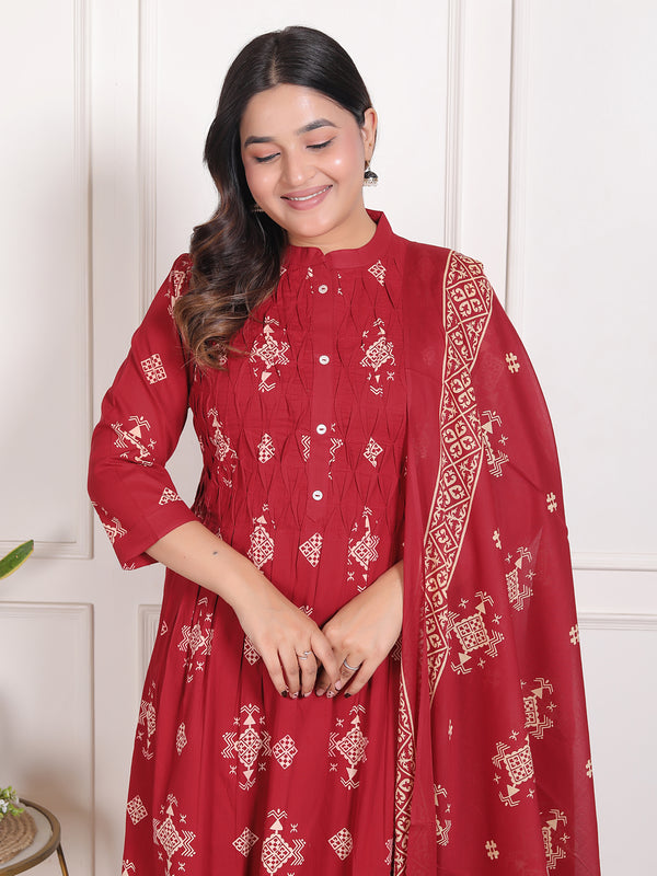 Mustard Yellow Geometric Print Cotton A-Line Kurta Set with Dupatta