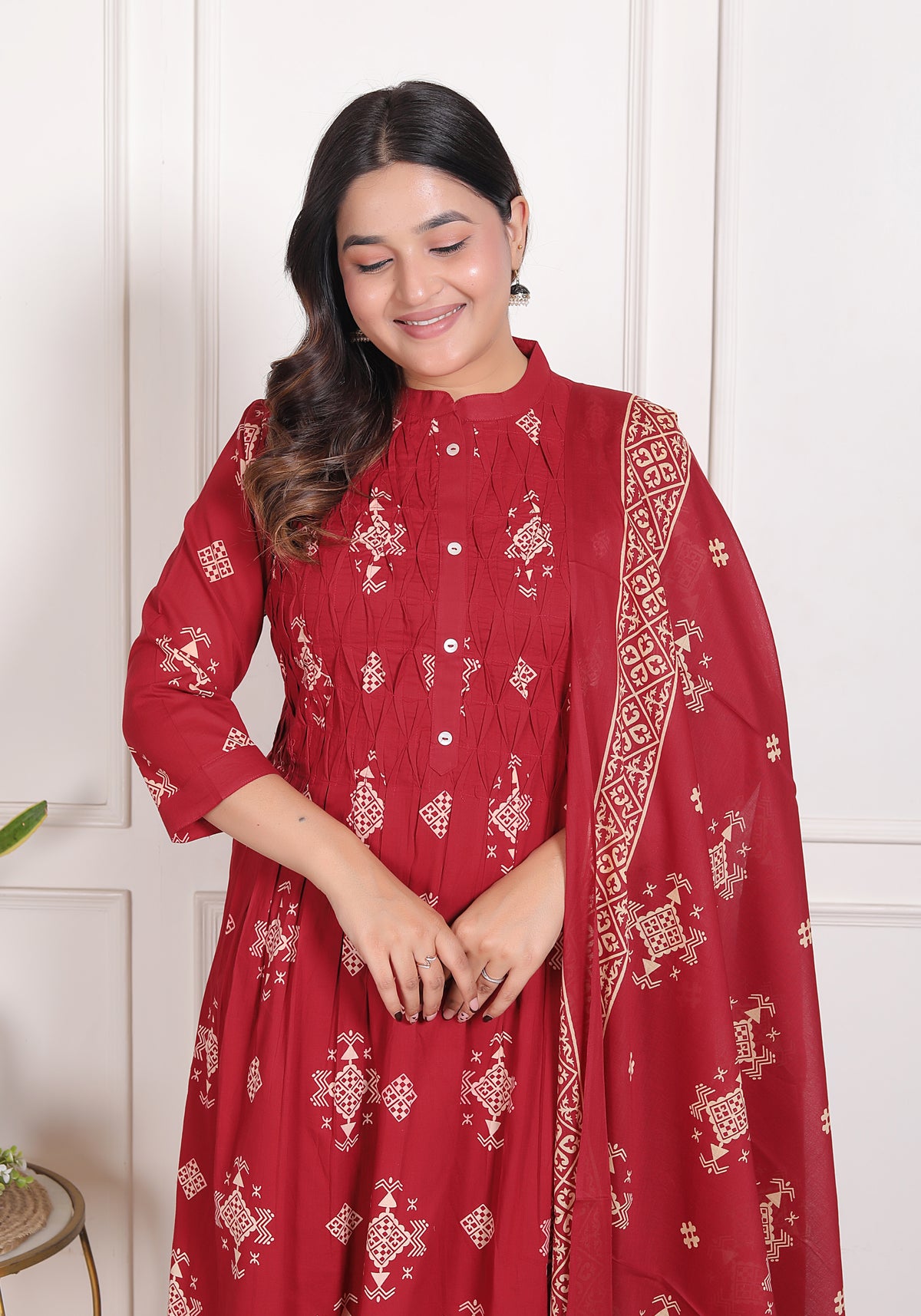 Geometric Print Cotton A-Line Kurta Set with Dupatta