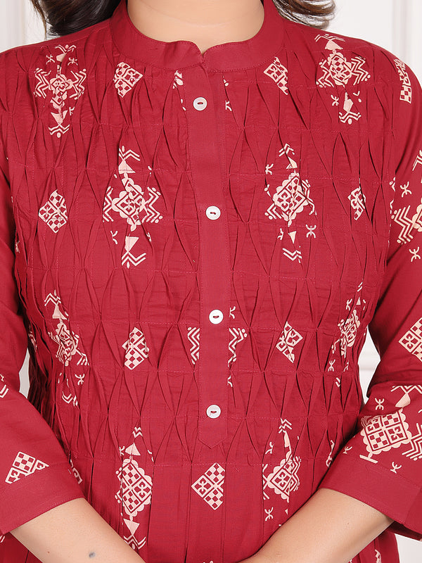 Mustard Yellow Geometric Print Cotton A-Line Kurta Set with Dupatta