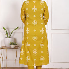 Mustard Yellow Geometric Print Cotton A-Line Kurta Set with Dupatta