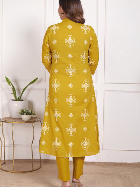 Mustard Yellow Geometric Print Cotton A-Line Kurta Set with Dupatta