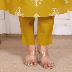 Mustard Yellow Geometric Print Cotton A-Line Kurta Set with Dupatta