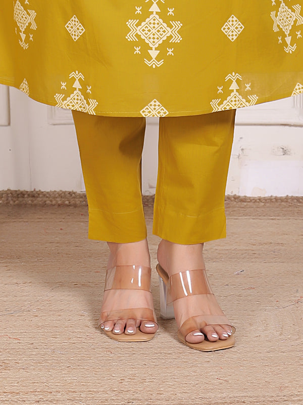Mustard Yellow Geometric Print Cotton A-Line Kurta Set with Dupatta
