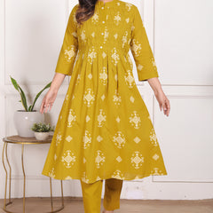 Mustard Yellow Geometric Print Cotton A-Line Kurta Set with Dupatta